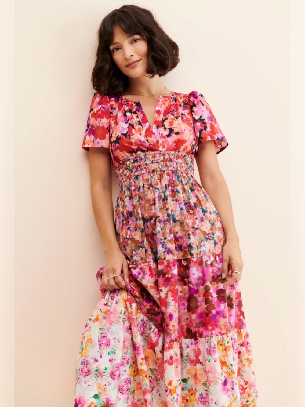 Anthropologie Kachel mixed Pink Floral Smocked Midi tiered Dress